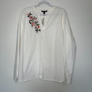 Long Tall Sally Cotton Button up Shirt Sz 18 White‎ Floral Embroidered